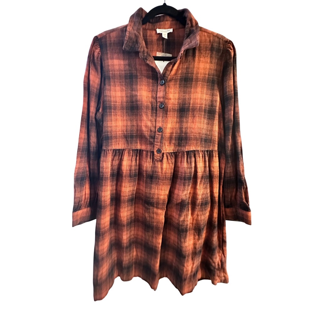 Beachlunchlounge Plaid Babydoll Dress Burnt Orange Black Long Sleeve Mini Large
